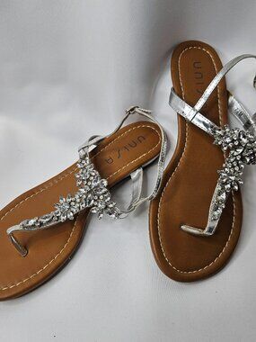 Unisa Crystal Rhinestone Jeweled T-Strap Flat Sandals - Size 7.5M